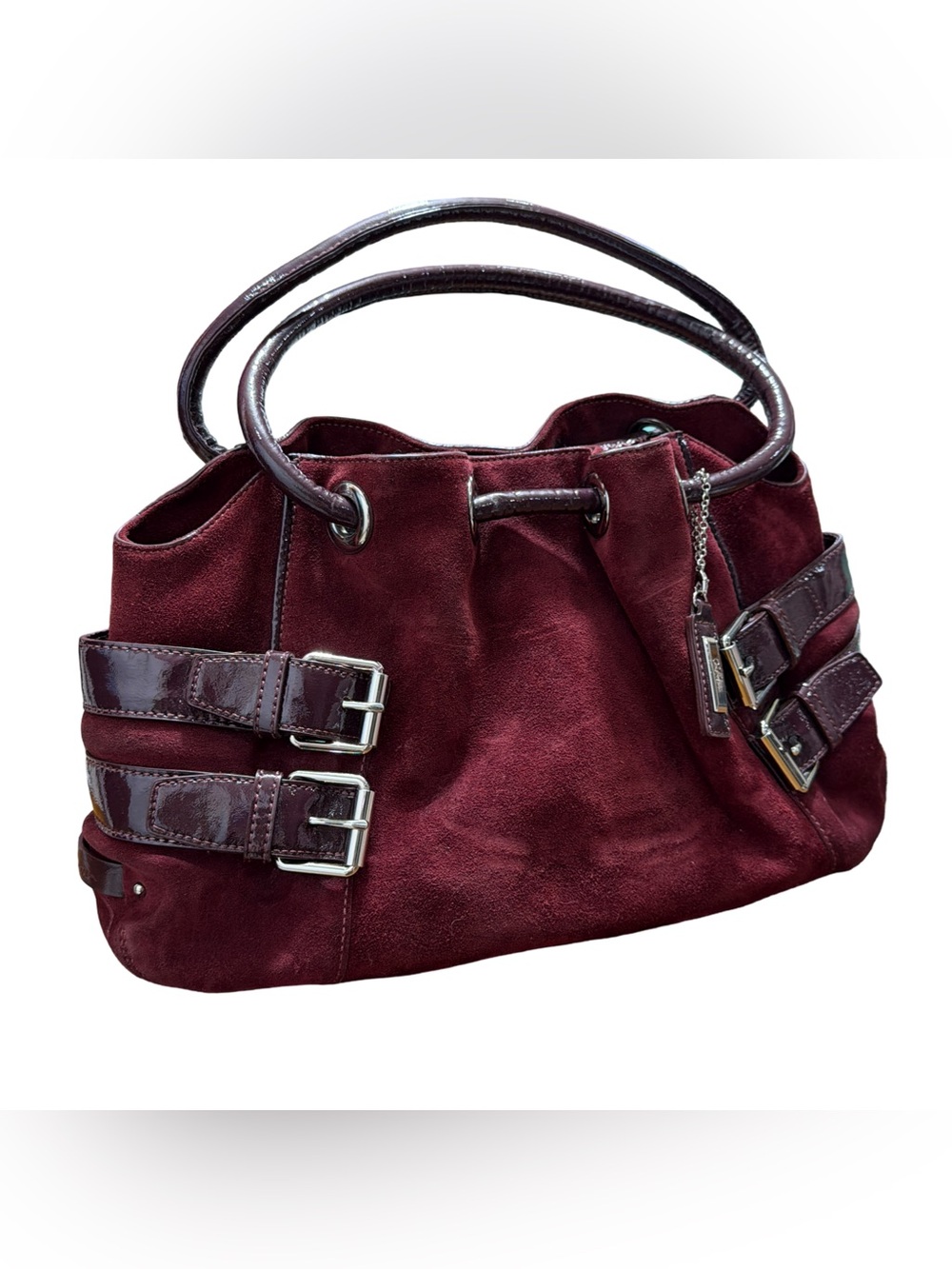 Cole Haan • Merlot Suede & Patent Leather Y2K Hobo Shoulder Bag - Picture 3 of 15